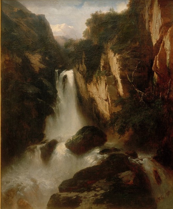 Johann Gottfried Steffan, Wasserfall im Hochgebirge (Gebirge, Berge, Landschaft, Landschafstmalerei,Felsen,    Wasserfall, Schweiz, Klassiker,    Wunschgröße, Treppenhaus, Wohnzimmer)