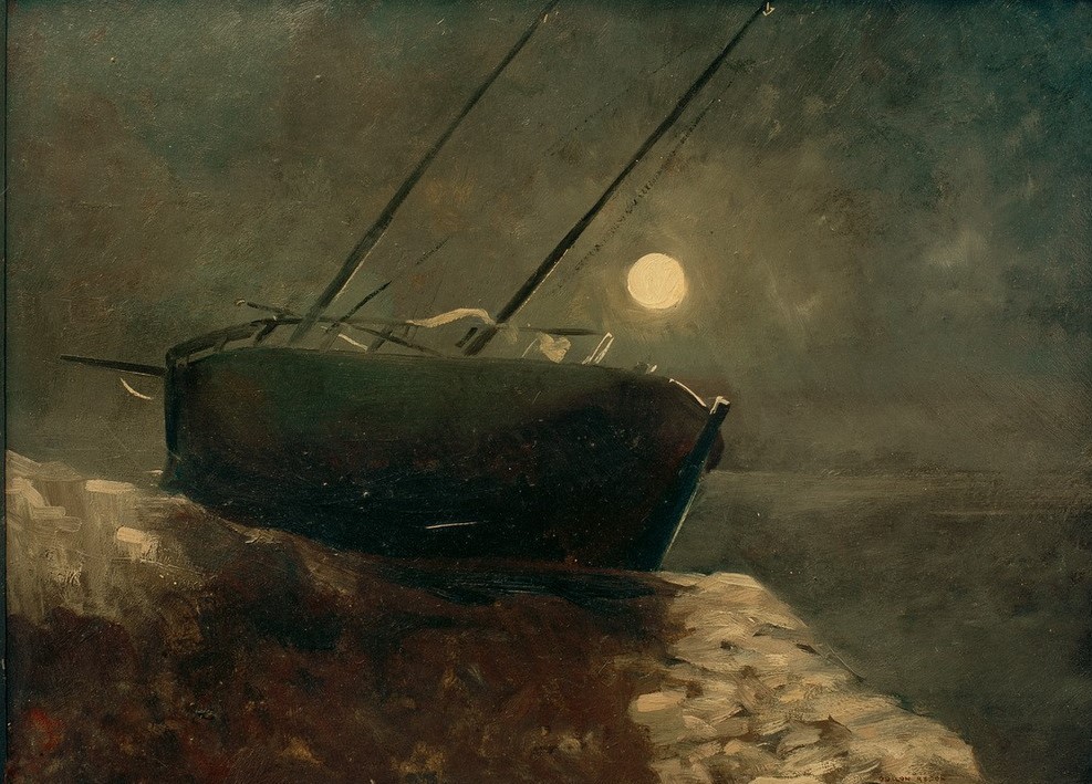 Odilon Redon, Barque au clair de lune (Boot,Fischerei,Kunst,Landschaft,Mond,Schiff,Segelschiff,Strand,Fischerboot,Tageszeiten,Nacht,Meer,Französische Kunst,Vollmond,Mondschein,Schifffahrt)