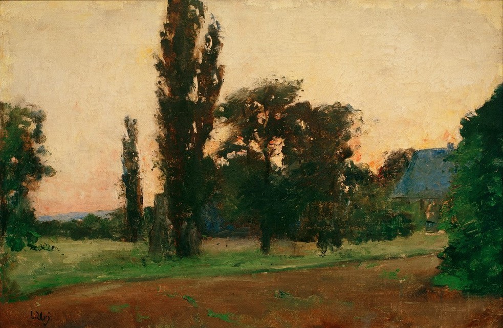 Lesser Ury, Abendstimmung über rheinischer Landschaft (Landschaft, Idylle, Hof, Tageszeiten, Abend, Impressionismus, Berliner Sezession, Wunschgröße, Wohnzimmer, Schlafzimmer, bunt)