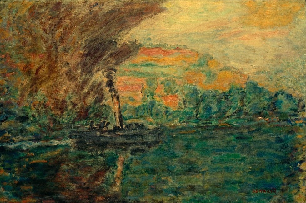 Pierre Bonnard, Le Remorqueur (Dampfer,Kunst,Landschaft,Schiff,Impressionismus,Fluss,Französische Kunst,Schlepper,Nabis,Flusschiffahrt,Schifffahrt)