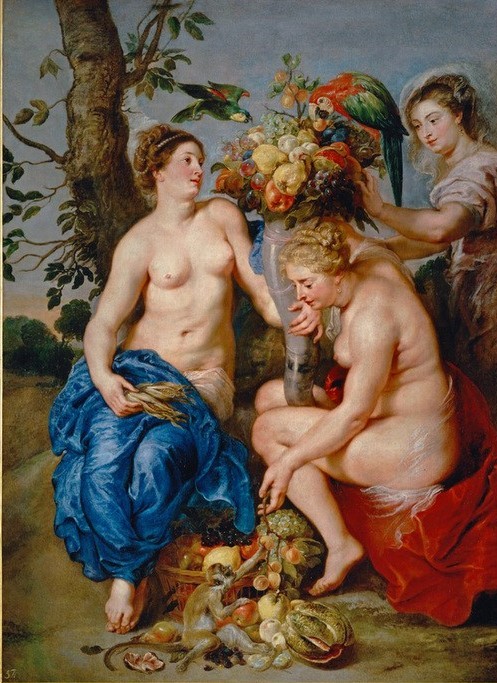 Peter Paul Rubens, Ceres mit zwei Nymphen (Affe,Botanik,Flämische Kunst,Frau,Früchte,Kunst,Mythologie,Obst,Papagei,Vogel,Wasser,Nymphe,Barock,Akt,Nixe,Niederländische Kunst,Fruchtbarkeit,Füllhorn,Halbakt,Göttin,Tier,Natur,Griechisch-Römische Mythologie,Gemeinschaftsbild)