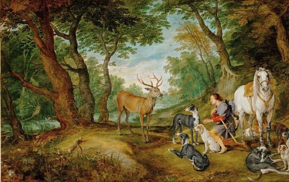 Peter Paul Rubens, Die Vision des Hl. Hubertus (Christentum,Flämische Kunst,Heilige,Hirsch,Jagd,Kunst,Landschaft,Pferd (Tier),Religion,Wald,Barock,Hund,Vision,Hirschjagd,Jagdhund,Bekehrung,Niederländische Kunst,Tier,Gemeinschaftsbild)