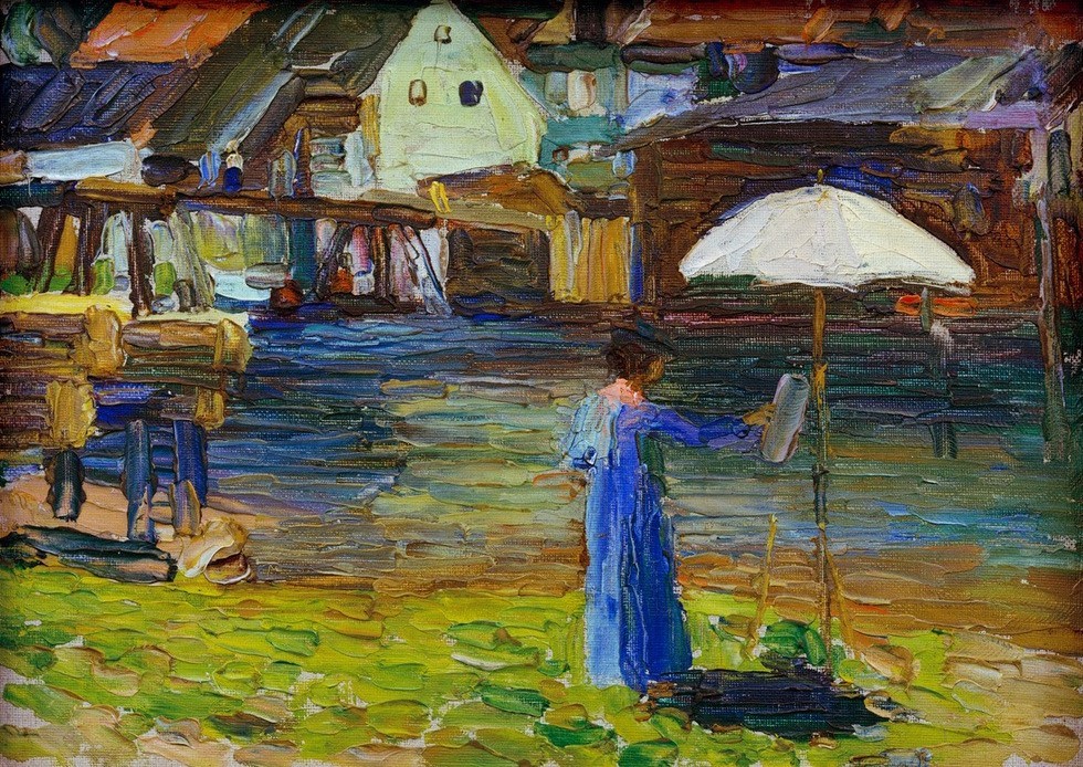 Wassily Kandinsky, Kallmünz – Gabriele Münter beim Malen I (Architektur, Bauhaus, Freilichtmalerei, Künstlerin, Malerin, Expressionismus,Der Blaue Reiter, Sonnenschirm, Russische Kunst, Künstlerin Bei Der Arbeit, Persönlichkeiten, Wohnzimmer,  Treppenhaus, Wunschgröße, Klassische Moderne, bunt)