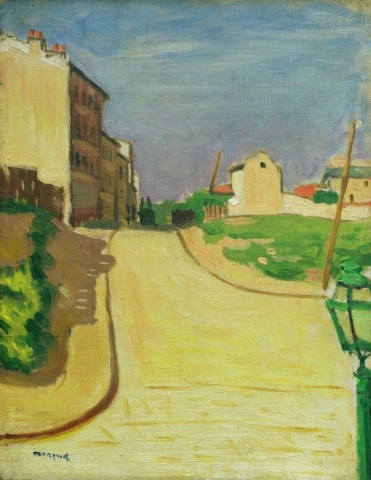 Albert Marquet, Straße mit grüner Laterne (Kunst,Laterne,Licht Und Beleuchtung,Stadt,Strasse (Allgemein),Strassenlaterne,Impressionismus,Architekturdarstellung,Französische Kunst,Strassenbeleuchtung,Menschenleere,Leere,Gaslaterne)