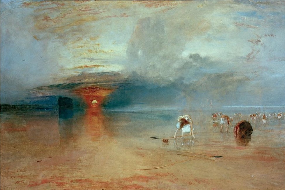 JOSEPH MALLORD WILLIAM TURNER, Strand von Calais, Niedrigwasser. Französische Poissards be (Arbeit,Fischerei,Freilichtmalerei,Frau,Himmel (Natur),Küste,Kunst,Landschaft,Mensch,Meteorologie,Sonnenuntergang,Strand,Wolke,Sonne,Tageszeiten,Abend,Meer,Englische Kunst,Suchen,Ebbe,Romantik,Naturschauspiel,Watt,Köder,Abendrot)