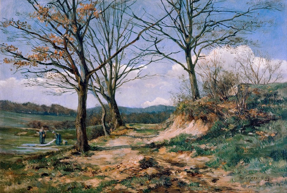 Fritz Wucherer, Taunuslandschaft mit Wäscherinnen (Deutsche Kunst,Kunst,Landschaft,Kronberger Malerkolonie,Wäscherin)