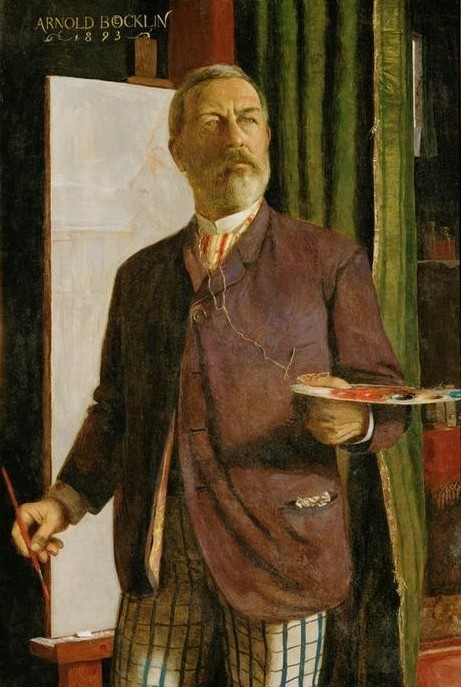 Arnold Böcklin, Selbstbildnis im Atelier (Atelier,Deutsche Kunst,Künstler,Maler (Künstler),Mann,Alter,Staffelei,Bart,Selbstbildnis,Symbolismus,Künstler Bei Der Arbeit,Portrait,Palette,Pinsel,Schweizerische Kunst,Vollbart,Hose,Deutschrömer,Person,Kariert)