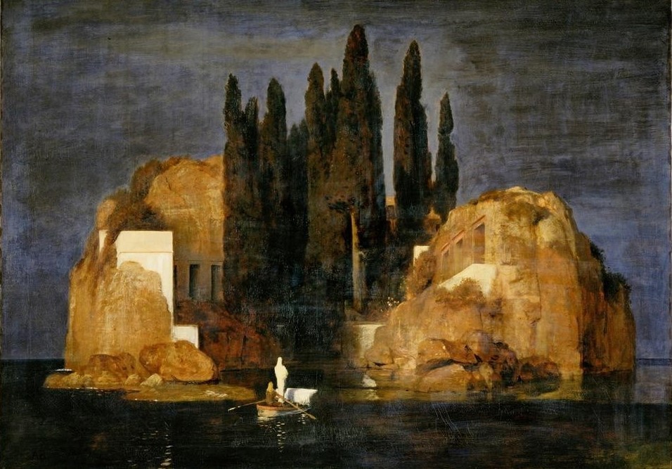 Arnold Böcklin, Die Toteninsel (Insel,Deutsche Kunst,Friedhof,Landschaft,Nekropole,Ruderboot,Schiff,Tod,Symbolismus,Allegorie,Baum,Vanitas,Schweizerische Kunst,Zypresse,Leichentransport,Totenreich,Jenseitsvorstellungen,Felsgrab)