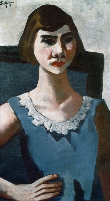 Max Beckmann, Bildnis Quappi in Blau (Portrait, Ehefrau, Gesicht, ernst, Sommerkleid, Klassische Moderne, Malerei, Expressionismus, Persönlichkeiten, Wunschgröße, Wohnzimmer, bunt)
