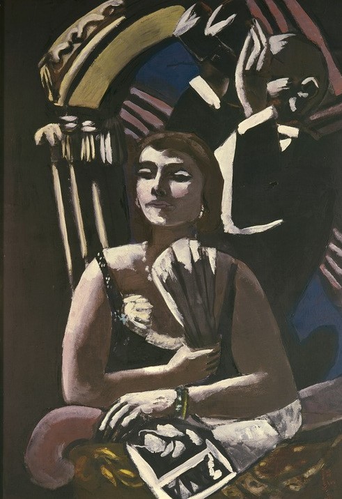 Max Beckmann, In der Loge (Theater, Loge, Paar, Frau, Fächer, Mann, Fernglas, Klassische Moderne, Malerei, Expressionismus, Menschen und Gesellschaft, Wunschgröße, Wohnzimmer, bunt)