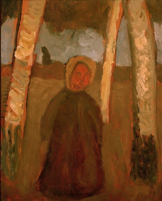 Paula Modersohn-Becker, Kind unter Birken (Deutsche Kunst,Dorfkind,Kind,Mädchen,Mensch,Frauenkunst,Portrait,Birke,Im Freien (Allgemein),Worpsweder Künstlerkolonie,Ganzfigurig,Brustbild,Baumstamm)