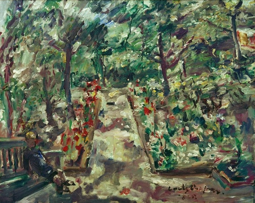 Lovis Corinth, Garten in Berlin-Westend (Botanik,Deutsche Kunst,Garten Und Park,Kunst,Landschaft,Mann,Mensch,Bank (Sitzgelegenheit),Freizeit,Impressionismus,Hausgarten,Ziergarten,Menschen Im Garten,Erholung,Sitzen,Signatur,Garten)