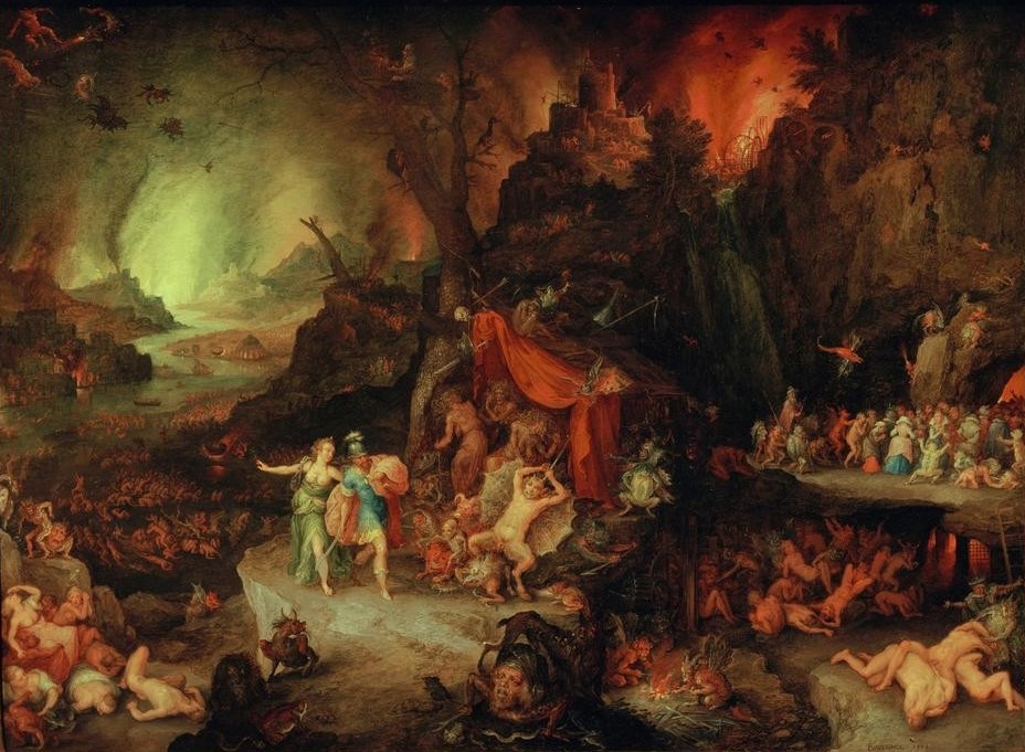 Jan Brueghel der Ältere, Aeneas und Sibylle in der Unterwelt (Mythologie, Dämonen, Hölle, Jenseitsvorstellungen, Unterwelt, Höllenfahrt, Höllenfeuer, Barock, Klassiker, Malerei, Wunschgröße, Wohnzimmer, bunt)