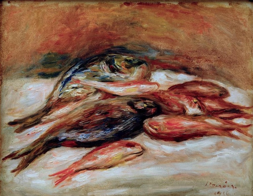 Pierre-Auguste Renoir, Stilleben mit Fischen (Kunst,Impressionismus,Nahrungsmittel,Fisch,Stillleben,Französische Kunst,Tier)
