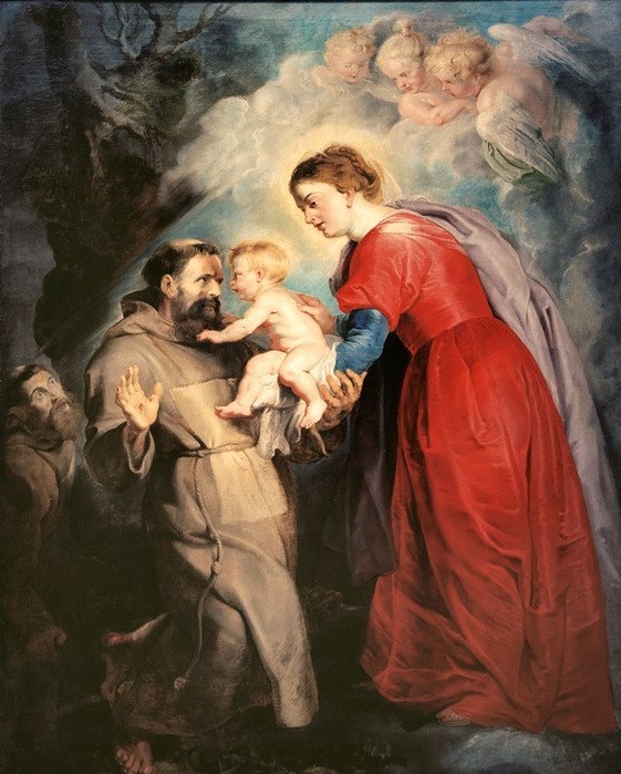 Peter Paul Rubens, Der hl. Franziskus empfängt das Jesuskind (Christentum,Flämische Kunst,Heilige,Religion,Barock,Maria Mit Kind,Vision,Stigmatisation,Heiligenlegende,Niederländische Kunst,Jesusknabe,Wundmale)