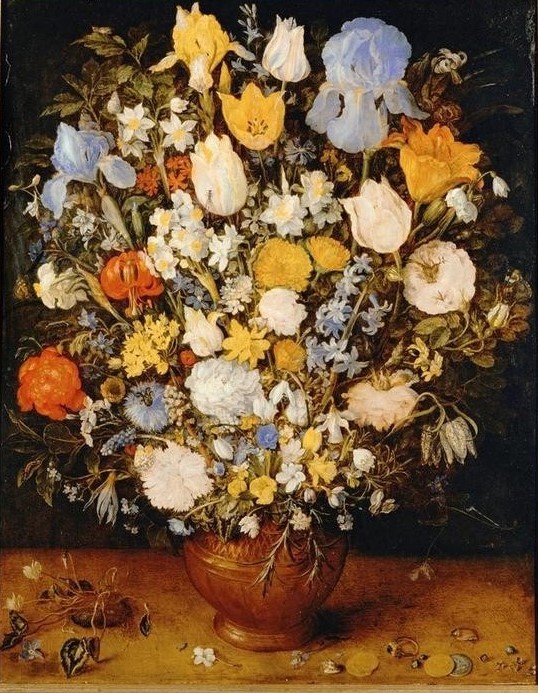 Jan Brueghel der Ältere, Kleiner Blumenstrauß in einem Tongefäß (Stillleben, Blumenstrauß, Vase, üppig, prächtig, Vanitas, Vergänglichkeit, Tulpen, Lilien, Münzen, Ring, Barock, Wunschgröße, Klassiker, Blumenbrueghel, Samtbrueghel, Wohnzimmer, Esszimmer, Wunschgröße)