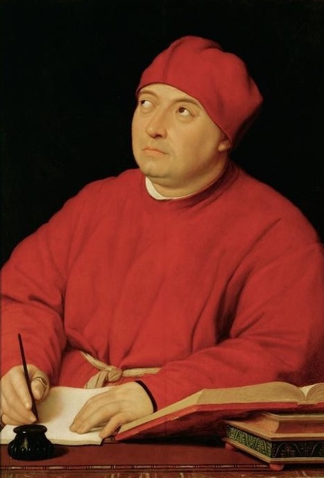 Raffael, Porträt des Tommaso Fedra Inghirami (Dichter,Kunst,Literatur,Mann,Schreiber,Schreiben Und Schrift,Redner,Renaissance,Portrait,Schielen,Humanismus,Italienische Kunst,Schreibfeder,Tintenfass,Person)