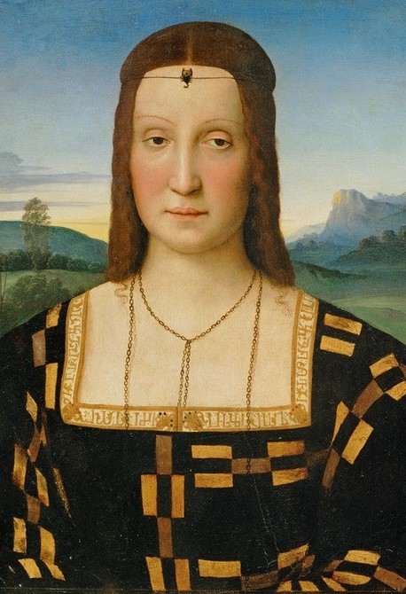 Raffael, Bildnis der Elisabetta Gonzaga (Frau,Haarmode,Kunst,Schmuck,Renaissance,Herzogin,Portrait,Halskette,Italienische Kunst,Stirnband,Brustbild,Person,Frisur)