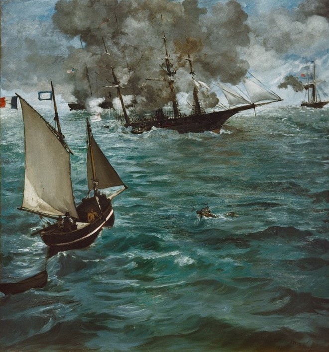 Edouard Manet, Die Schlacht zwischen der U.S.S. Kearsarge und der C.S.S. Alabama (Geschichte,Krieg,Kriegsschiff,Kunst,Landschaft,Militär,Schiff,Segelschiff,Meer,Segelboot,Schlacht,Sezessionskrieg,Seeschlacht,Bürgerkrieg,Marinemalerei,Französische Kunst,Rauch,U.S.S. Kearsarge,C.S.S. Alabama,Schifffahrt)