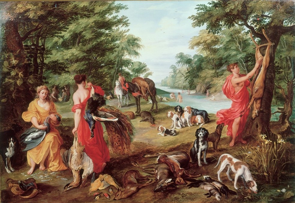 Jan Brueghel der Ältere, Die Jagd der Diana (Flämische Kunst,Jagd,Kunst,Mythologie,Barock,Jagdhund,Niederländische Kunst,Jägerin,Rotwild,Ausweiden,Privatsammlung,Vogeljagd,Jagdbeute,Griechisch-Römische Mythologie)