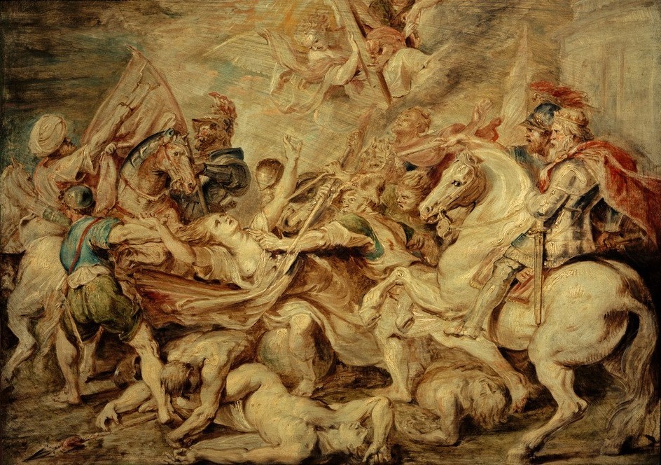 Peter Paul Rubens, Das katholische Austria, von seinen Feinden attakiert (Flämische Kunst,Frau,Geschichte,Krieg,Kunst,Türkenkriege,Dreissigjähriger Krieg,Barock,Bedrohung,Allegorie,Aufstand,Habsburger,Gefallene,Niederländische Kunst,Osmanisches Reich,Doppelmonarchie,An Den Haaren Ziehen,Personifizierung)
