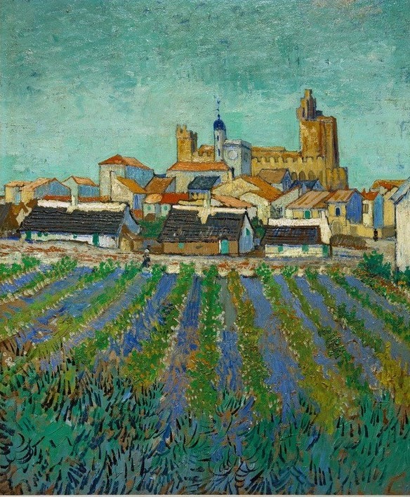 Vincent van Gogh, Blick auf Saintes-Maries (Ackerbau,Festung,Kirche,Kunst,Landschaft,Stadt,Impressionismus,Stadtansicht,Niederländische Kunst,Feld,Ansicht,Postimpressionismus,Landwirtschaft)