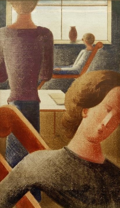 Oskar Schlemmer, Interieur mit drei Figuren vor Fenster (Bauhaus,Deutsche Kunst,Frau,Gruppenbild,Kunst,Mensch,Interieur,Rückenfigur,Öl Auf Sackleinen)