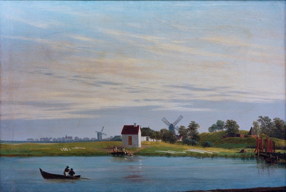 Caspar David Friedrich, Ländliche ebene Gegend (Bauernhaus,Deutsche Kunst,Jahreszeiten,Kunst,Landschaft,Sommer,Windmühle,Ebene,Feld,Romantik,Feldarbeit,Landwirtschaft)