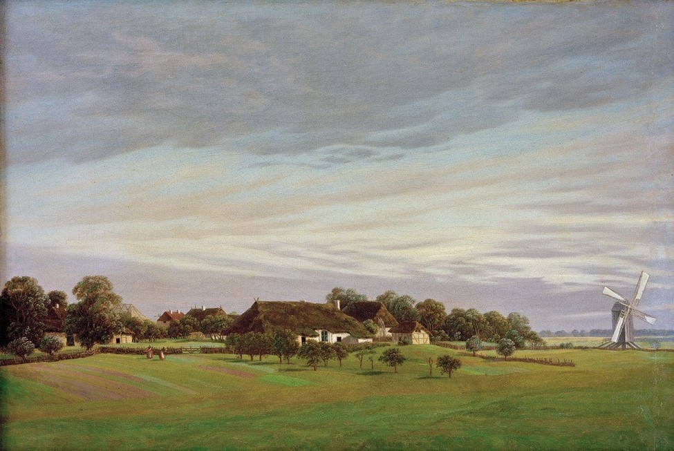 Caspar David Friedrich, Landschaft mit Windmühlen (Deutsche Kunst,Fischerei,Jahreszeiten,Küste,Kunst,Landschaft,Sommer,Windmühle,Fischerboot,Bleiche,Romantik)
