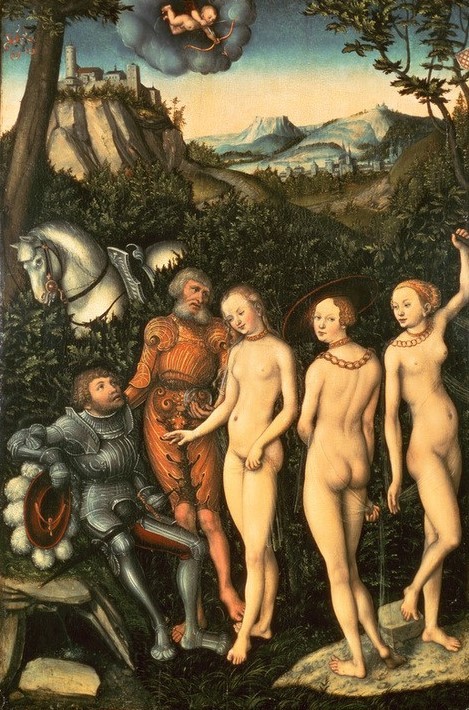 Lucas Cranach der Ältere, Das Urteil des Paris (Burg (Bauwerk),Damenhut,Deutsche Kunst,Frau,Mythologie,Pfeil,Pferd (Tier),Rüstung (Schutzkleidung),Wolke,Renaissance,Akt,Halskette,Urteil Des Paris,Bogen (Waffe),Griechisch-Römische Mythologie,Wappen)