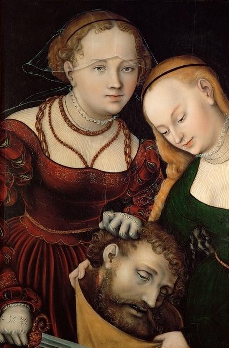 Lucas Cranach der Ältere, Judith mit dem Haupt des Holofernes und einer Dienerin (Blut,Damenmode,Deutsche Kunst,Enthaupten,Frau,Gold,Haarmode,Handschuh,Jugend (Lebensalter),Religion,Schmuck,Schwert,Waffe,Renaissance,Schleier,Altes Testament,Bibel,Heldin,Augen,Halskette,Mord,Blonde Haare,Dienerin,Mörderin,Locke,Täter Und Opfer,Jüdisch-C)