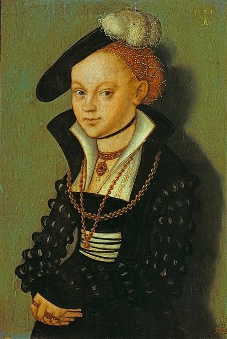 Lucas Cranach der Ältere, Christiana Eulenau (Damenhut,Damenmode,Deutsche Kunst,Frau,Jugend (Lebensalter),Kette (Schmuck),Mode,Schmuck,Hut,Perle,Renaissance,Portrait,Halskette,Feder,Haarnetz,Fingerring)