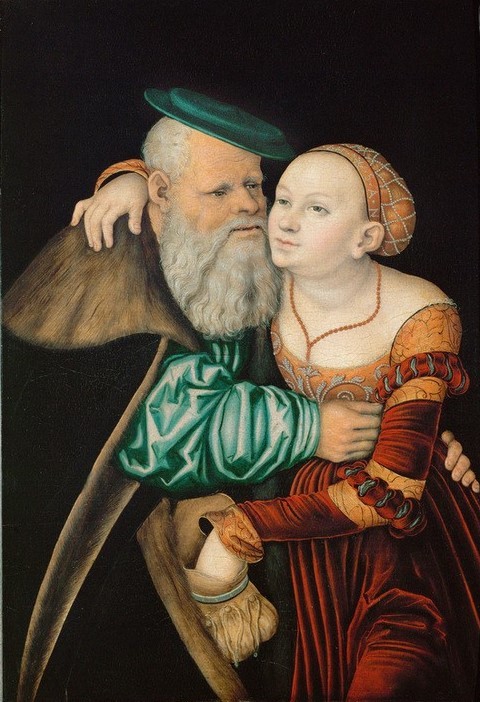 Lucas Cranach der Ältere, Das ungleiche Paar (Betrug,Deutsche Kunst,Erotik,Jugend (Lebensalter),Liebe Und Ehe,Liebespaar,Taschendiebstahl,Ungleiches Paar,Alter,Renaissance,Hinterhältigkeit,Umarmung,Geldheirat,Johannistrieb,Paar,Gegensatz,Habgier,Alterserotik,Gefühlskälte,Geldsack,Gerontophilie,Täter)