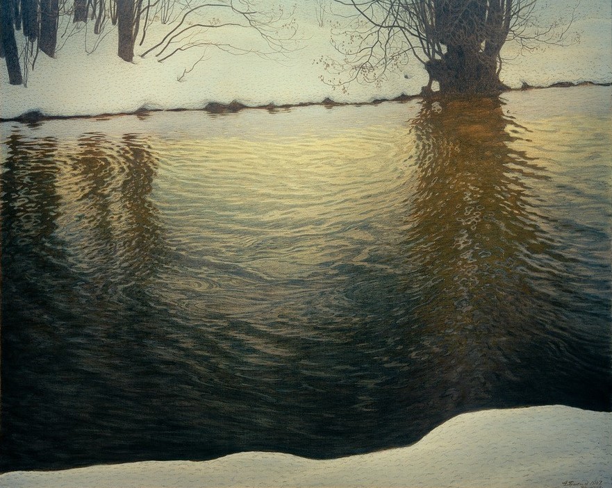 Gustaf Edolf Fjaestad, Winterabend am Flussufer (Jahreszeiten,Kunst,Landschaft,Meteorologie,Wetter,Winter,Tageszeiten,Abend,Schnee,Fluss,Spiegelung,Baum,Schwedische Kunst,Ufer,Welle,Skandinavische Kunst,Signatur)