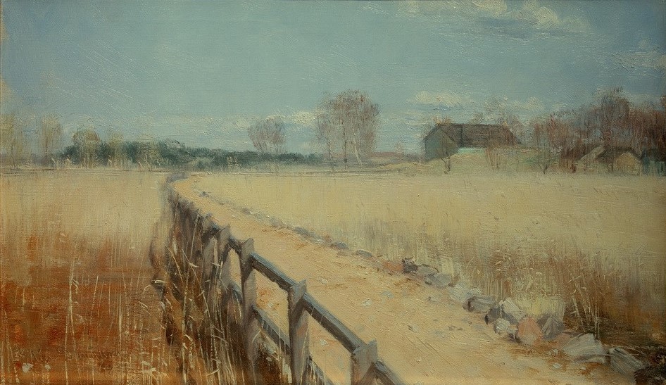 Elin Danielson-Gambogi, Brücke in Ruissalo  (Natur, Landschaft, Felder, Weg, Brücke, Zaun, Wunschgröße, Realismus, Malerei, Klassiker, Wohnzimmer,)