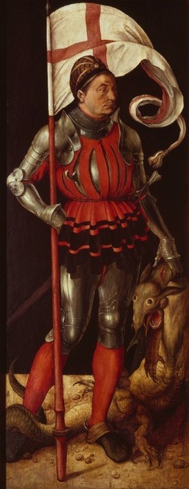 Albrecht Dürer, Der Heilige Georg (Christentum,Deutsche Kunst,Heilige,Kunst,Mann,Militär,Religion,Ritter,Rittertum,Rüstung (Schutzkleidung),Altar,Renaissance,Fabelwesen,Portrait,Altarbild,Paumgartner-Altar,Seitenflügel (Altar),Heiliger,Kreuzesfahne,Ganzfigurig,Drache (Fabelwesen),Fahne)