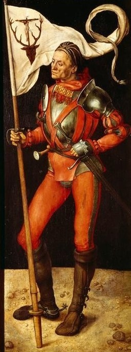 Albrecht Dürer, Der Heilige Eustachius (Christentum,Deutsche Kunst,Heilige,Kunst,Mann,Religion,Rollenbild,Altar,Renaissance,Portrait,Altarbild,Paumgartner-Altar,Seitenflügel (Altar),Heiliger,Portrait Historie,Ganzfigurig,Fahne)