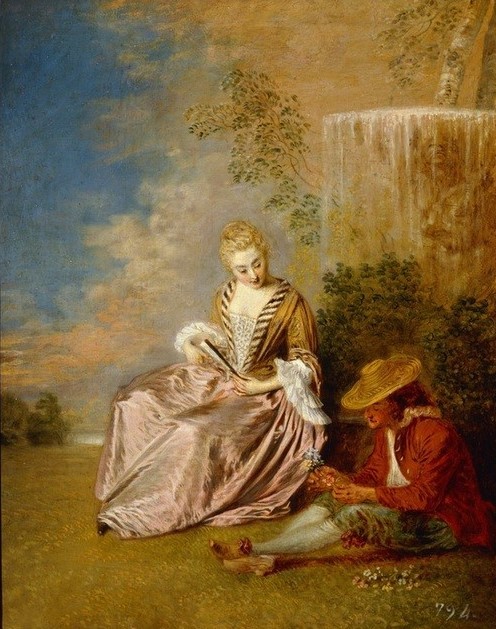 Jean-Antoine Watteau, El enamorado tímido (Paar, Liebespaar, schüchtern, Garten, Idylle, Mode, Rokoko, Wohnzimmer, Schlafzimmer, Klassiker,  Wunschgröße)