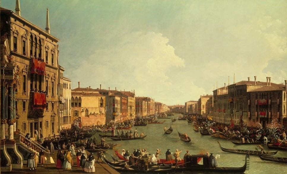 Giovanni Antonio Canaletto, Las regatas sobre el Gran Canal (Städte, Venedig, Vedute, Architektur, Paläste, Canal Gande, Wasserstraße, Boote, Regatta, Gondeln, Barock, Klassiker, Wunschgröße, Wohnzimmer)