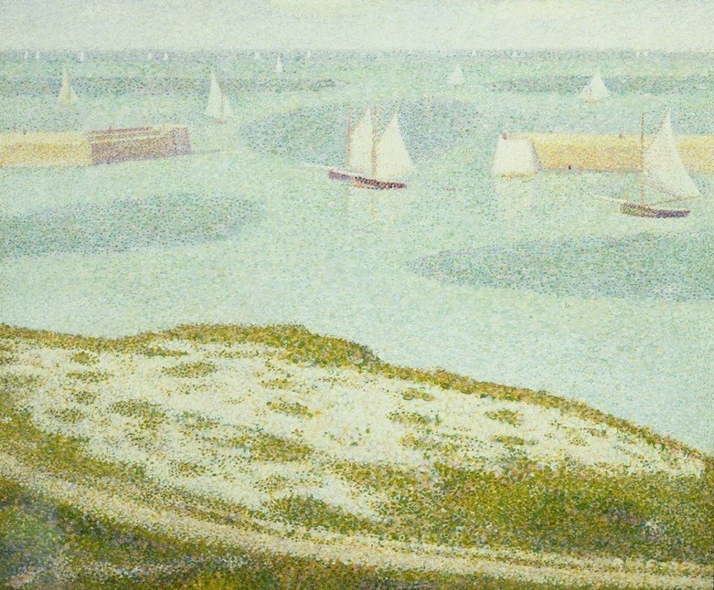 Georges Seurat, Port-en-Bessin, entrée de l’avant-port (Hafen,Küste,Kunst,Landschaft,Schiff,Meer,Segelboot,Pointillismus,Französische Kunst,Flut,Gezeiten,Rahmen,Einfahrt,Postimpressionismus,Schifffahrt)