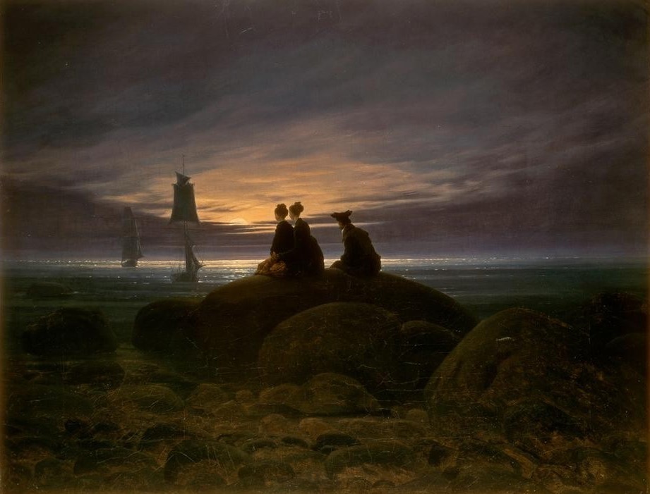 Caspar David Friedrich, Mondaufgang am Meer (Deutsche Kunst,Küste,Landschaft,Licht Und Beleuchtung,Mond,Segelschiff,Tageszeiten,Abend,Fernweh,Rückenfigur,Harmonie,Ausruhen,Betrachten,Romantik)