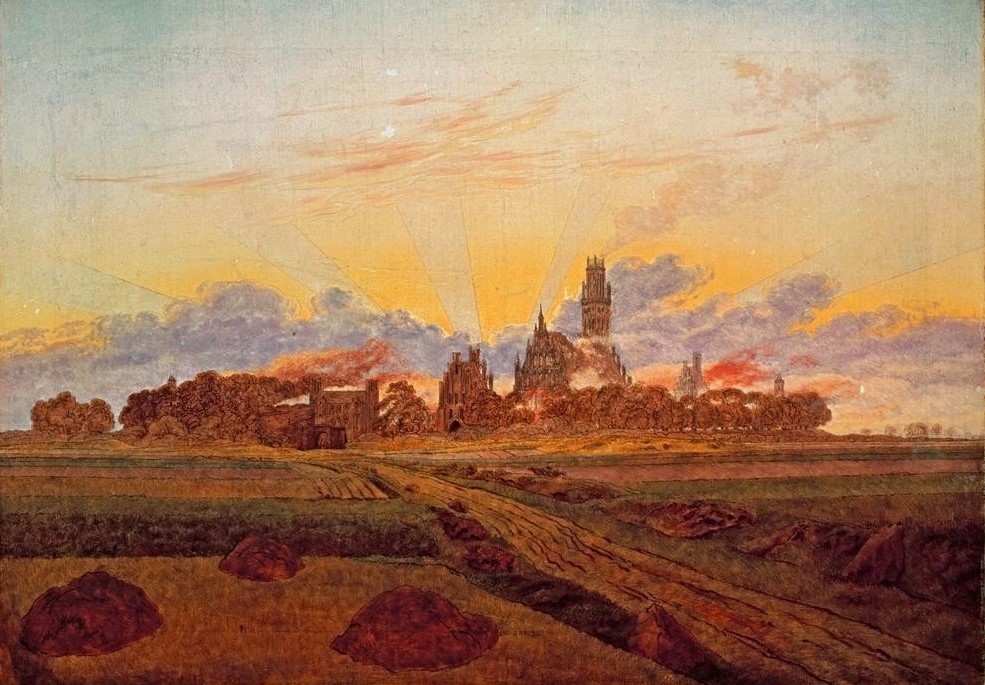 Caspar David Friedrich, Sonnenaufgang bei Neubrandenburg (Deutsche Kunst,Landschaft,Tageszeiten,Morgen,Sonnenaufgang,Romantik,Unvollendet)