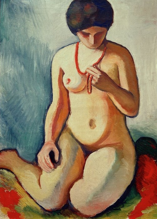 August Macke, Akt mit Korallenkette (Deutsche Kunst,Frau,Kette (Schmuck),Schmuck,Akt,Halskette,Der Blaue Reiter,Koralle,Betrachten,Sitzen,Gesenkter Blick)