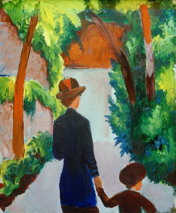 August Macke, Mutter und Kind im Park (Deutsche Kunst,Frau,Garten Und Park,Kind,Kunst,Menschen Im Park,Mutter Und Kind,Park,Freizeit,Spaziergang,Expressionismus,Der Blaue Reiter,Rückenfigur,Garten)