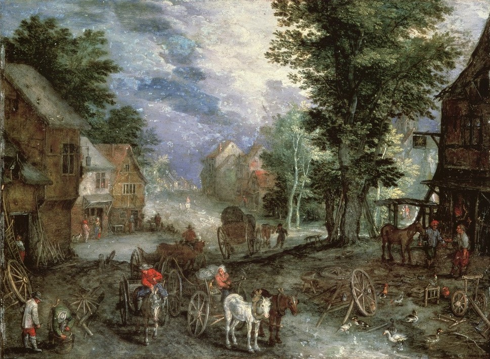 Jan Brueghel der Ältere, Landschaft mit Schmiede (Dorfstrasse,Dorf,Flämische Kunst,Handwerk Und Gewerbe,Kunst,Landschaft,Pferd (Tier),Schmied,Strassenszene,Verkehr,Niederländische Kunst,Zugtier,Handwerk,Fuhrwerk,Wagenschmied)