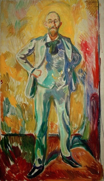 Edvard Munch, Professor Daniel Jacobson, 1908 (Arzt,Brille,Herrenmode,Kunst,Mann,Medizin,Mensch,Mode,Psychiater,Neurologe,Psychiatrie,Portrait,Anzug,Expressionismus,Professor,Norwegische Kunst,Neurologie,Uhrenkette,Selbstbewusstsein,Skandinavische Kunst,Blick Aus Dem Bild,Ganzfigurig,Körperhaltung,Hän)