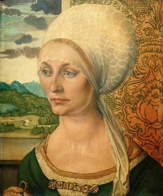 Albrecht Dürer, Bildnis Elisabeth Tucher (Damenmode,Deutsche Kunst,Finanzwesen,Frau,Kopfbedeckung,Mode,Schmuck,Renaissance,Portrait,Haube,Patrizier,Fingerring,Kunstwerke Auf Geldscheinen,Person)