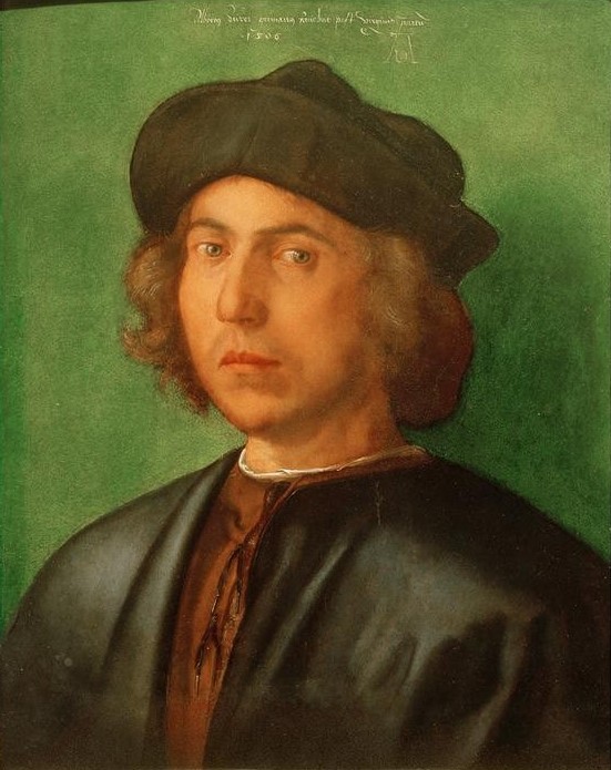 Albrecht Dürer, BIldnis eines jungen Mannes (Deutsche Kunst,Kopfbedeckung,Mann,Mensch,Renaissance,Portrait,Barett,Brustbild,Junger Mann)