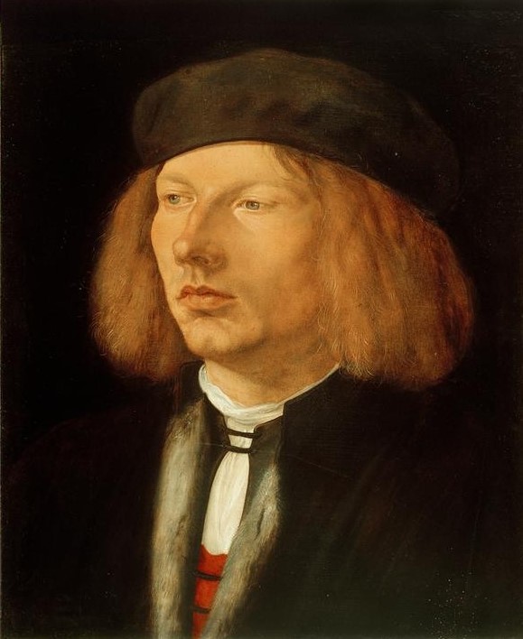 Albrecht Dürer, Bildnis des Burkhard von Speyer (Deutsche Kunst,Kopfbedeckung,Kunst,Mann,Mensch,Mode,Renaissance,Portrait,Barett,Eleganz,Langes Haar,Pelzbesatz,Brustbild,Halbprofil,Frisur,Junger Mann)