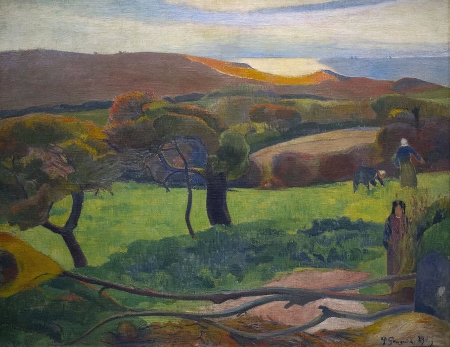Paul Gauguin, Landscape from Bretagne, 1889 (Arbeit,Bauer (Landwirt),Herbst,Kunst,Landschaft,Museum,Nordisch,Baum,Gras,Feld,Leben,Natur,Grün,Malen,Braun,Berg,Maroon,Postimpressionismus)